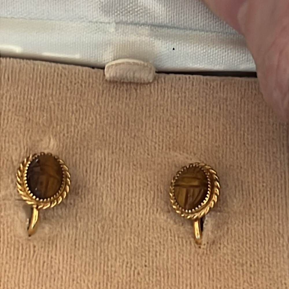 12k gold filled Scarab tiger eye earrings Vintage